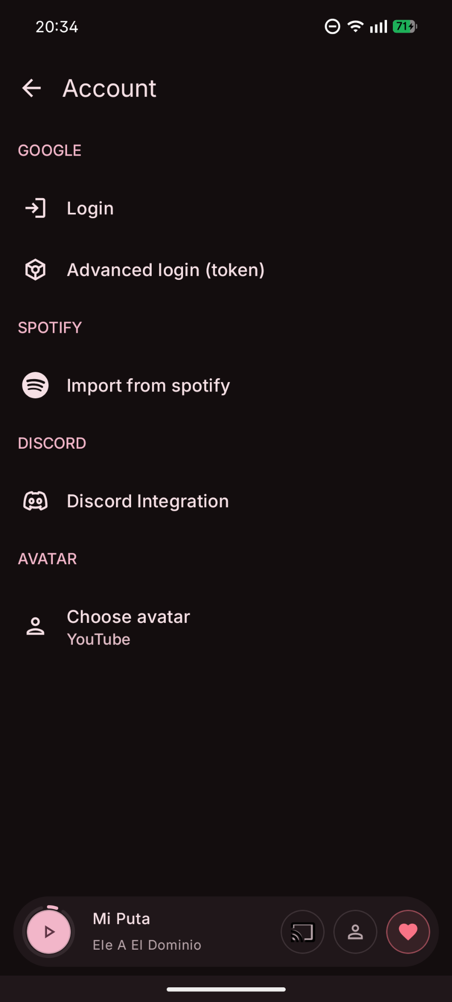Pantalla de cuenta e integraciones